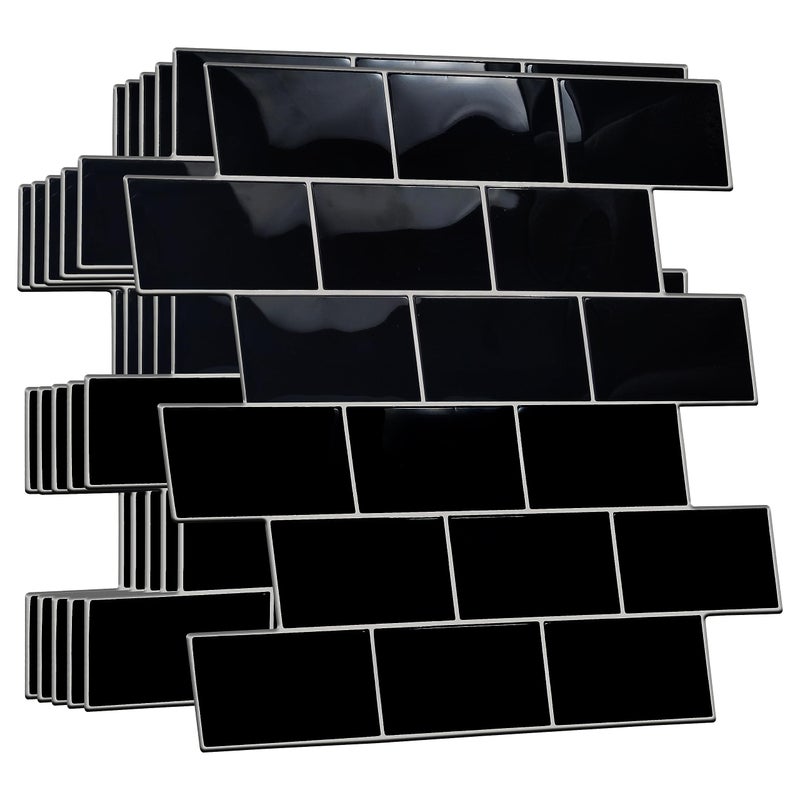 WALPLUS 20 Sheets Peel and Stick Kitchen Backsplash Tile Stickers Self Adhesive Stick on Subway Tile 12"" x 6"" Bathroom Splashback Water Heat Resistant 3D Wall Tiles Black Metro Subway Glossy - Image 1