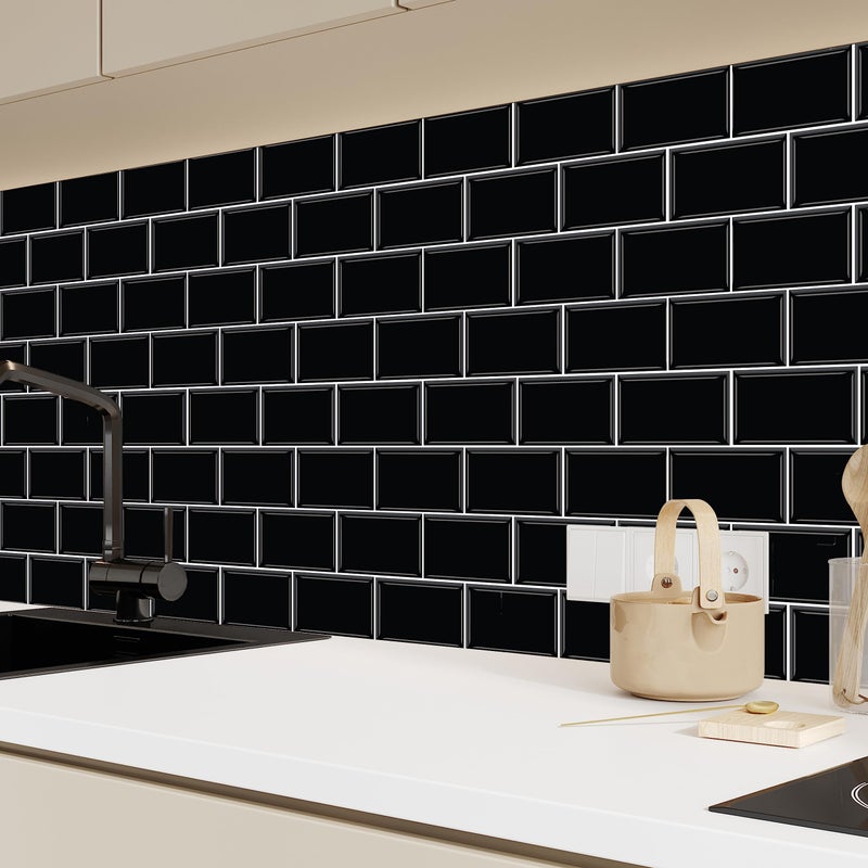 WALPLUS 20 Sheets Peel and Stick Kitchen Backsplash Tile Stickers Self Adhesive Stick on Subway Tile 12"" x 6"" Bathroom Splashback Water Heat Resistant 3D Wall Tiles Black Metro Subway Glossy - Image 4