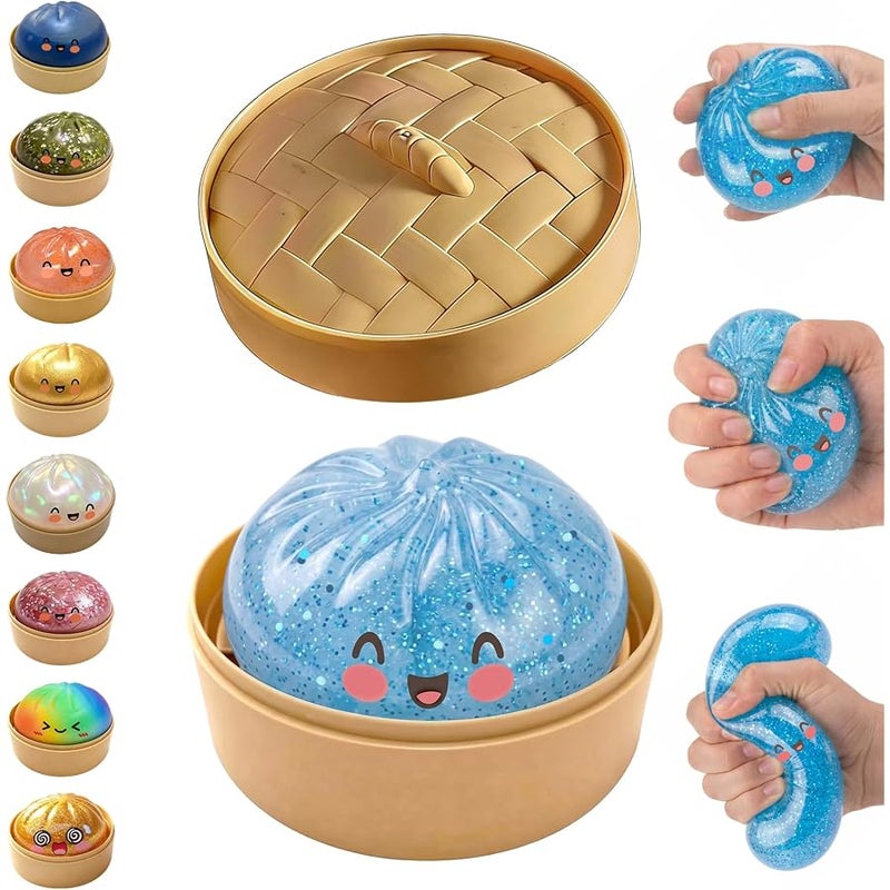 hepanio Glitter Dumpling Squishy,Dumpling Squishies,Glitter Dumpling Mystery Box,Colorful Dumpling Stress Balls Fidget,Jumbo Squishy Toy with Steamer Box Suitable for Adult use in Offices (Glitter Blue) - Image 1