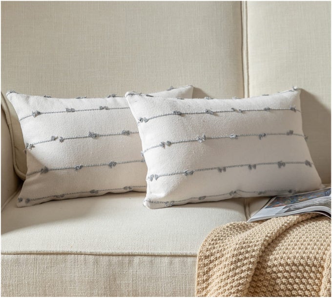 BOHO THROW PILLOW COVERS 12X20 INCHES BEIGE AND GREY SET OF 2 MODERN FARMHOUSE DECORATIVE PILLOW COVERS FOR COUCH BED LIVING ROOM