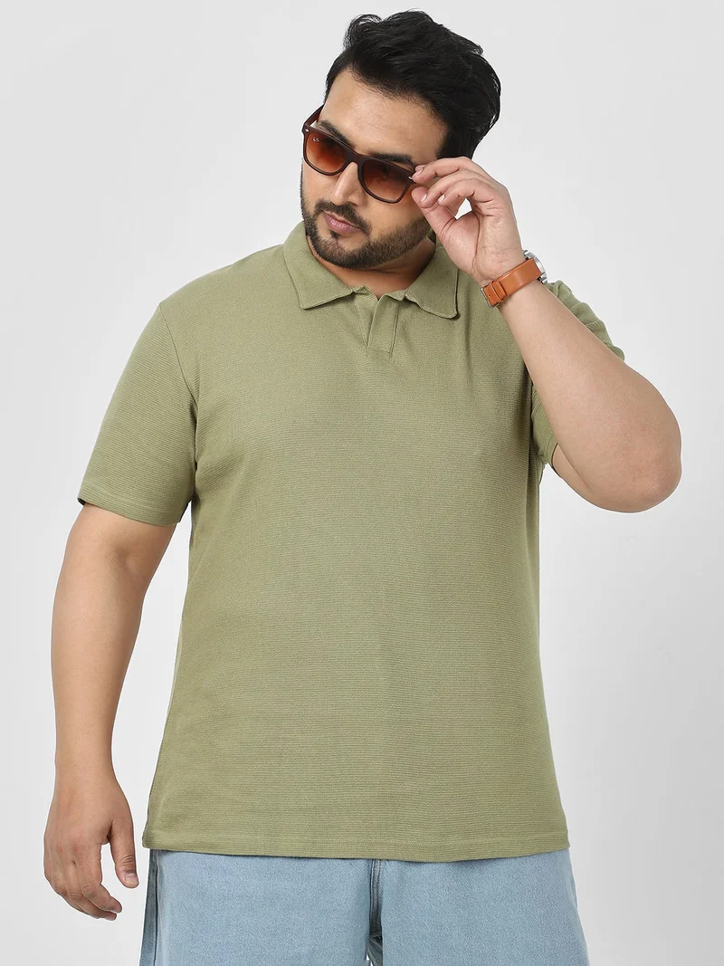 Urbano Plus Men's Matcha Green Textured Regular Fit Half Sleeve Cotton Polo T-Shirt