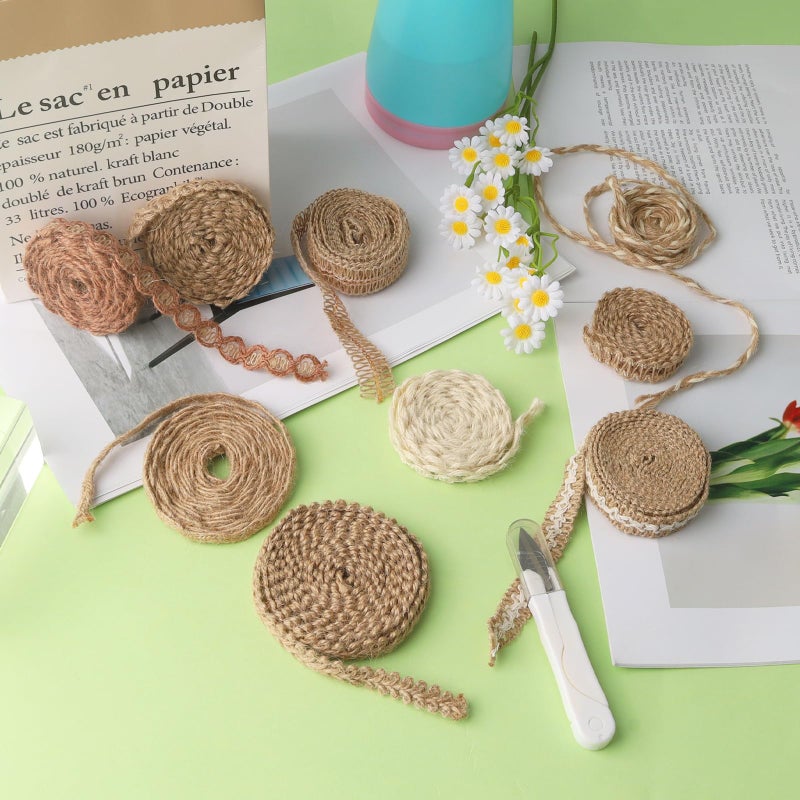Asofelk 9 Rolls Burlap Ribbon with Lace, Vintage Rope Laces Jute Craft Ribbon Set with Scissors, Natural Rustic Jute Rope for DIY Crafts, Gift Wrapping, Wedding and Party Decoration - Image 3