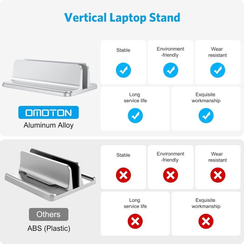 Omoton حامل لابتوب عمودي، حامل ألومنيوم مكتبي لماك بوك مع حجم رصيف قابل للتعديل، يناسب جميع أجهزة ماك بوك وسطح المكتب وكروم بوك وأجهزة اللابتوب المخصصة للألعاب (حتى 17.3 بوصة)، فضي - Image 2