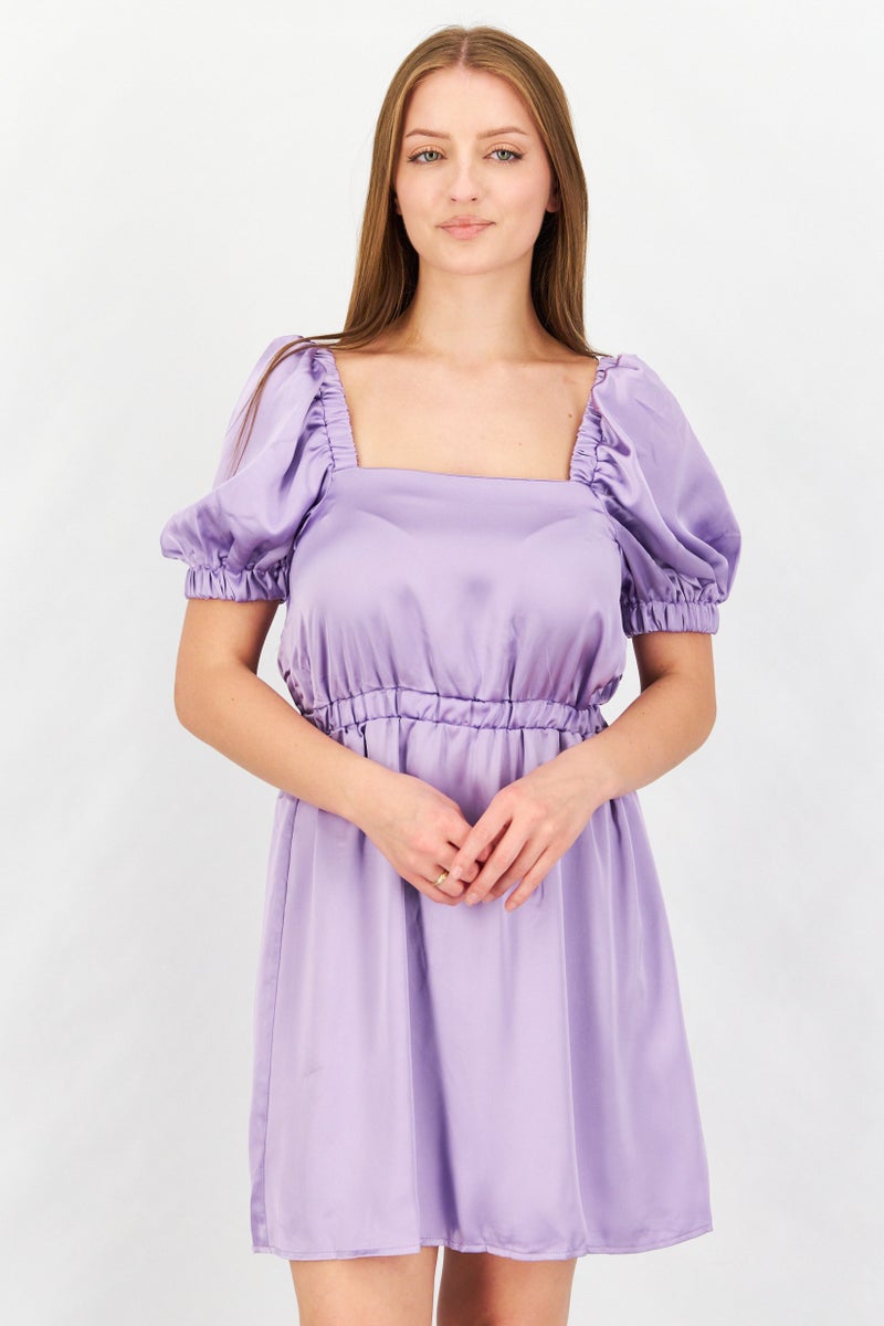 Flounce London Women Plain Mini Casual Dress, Purple - Image 1