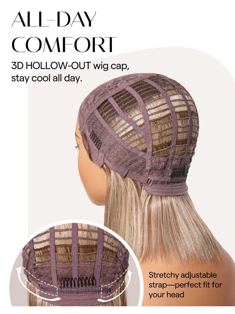 GORGIUS Blonde Bob Wig with Highlights Glueless Straight Short Synthetic Lace Front Wigs For Women Pre Cut Pre Plucked Side Part Hairline 12 Inch - Image 5