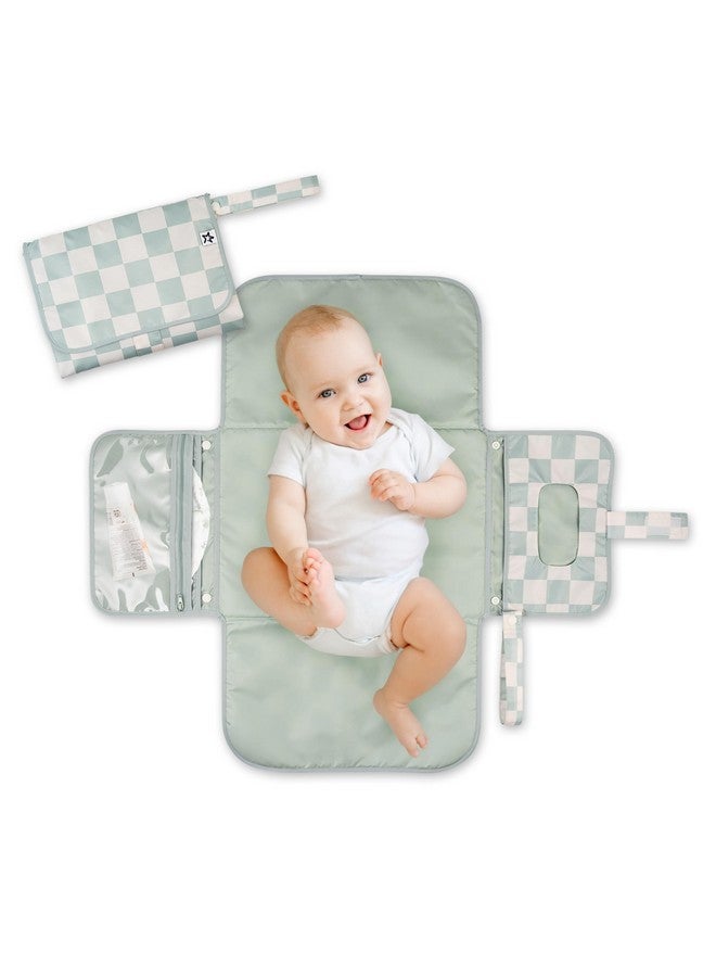 Tiny Twinkle Portable Diaper Changing Pad-Foldable Waterproof Changing Mat&Portable Changing Pad for Travel,Baby Changing Station with Smart Wipes Pocket&Storage (Sage Checkers) - Image 1