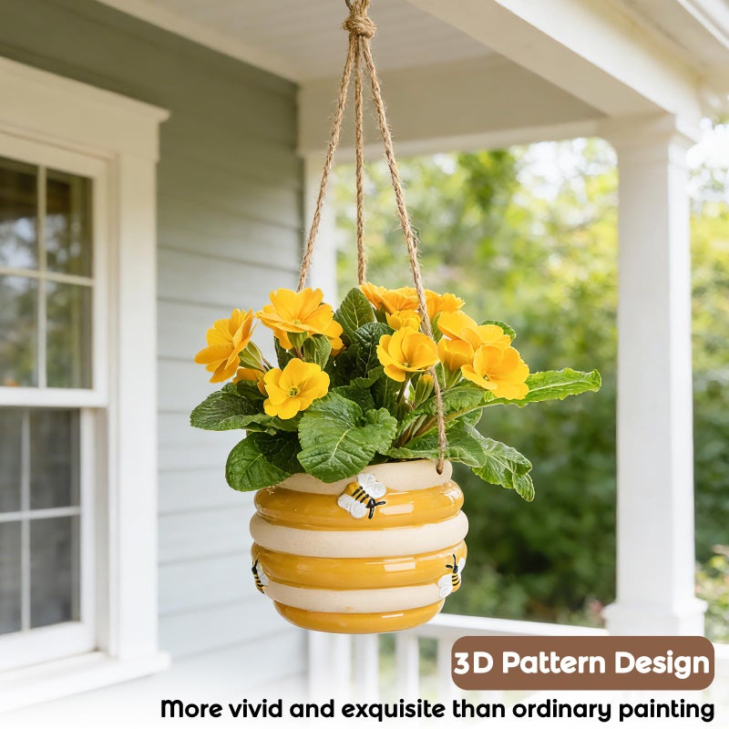 Chonsun Hanging Ceramic Planter 5 Inch Cute Bee Plant Pots Indoor Outdoor Yellow Planter Flower Pot Succulent Plant Pot Ceramic Mid-Century - Image 2