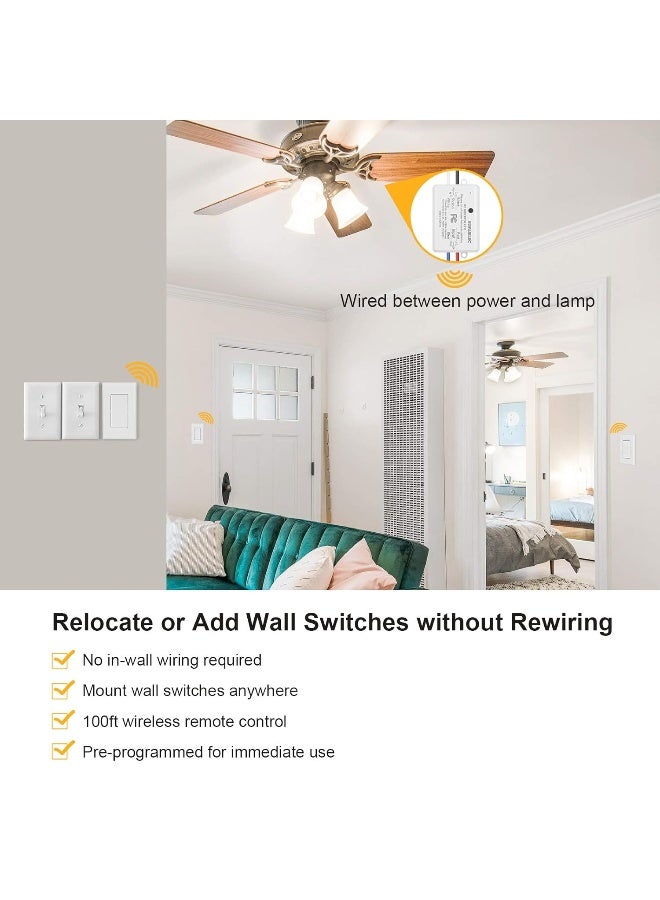 Suraielec 3 Way Wireless Light Switch, No Wiring, No WiFi, 100ft RF Range, Pre-Programmed, Expandable Wireless Wall Switch and Receiver Kit, Remote Control Light Fixture for Lamp, Ceiling Light, Fan - Image 2