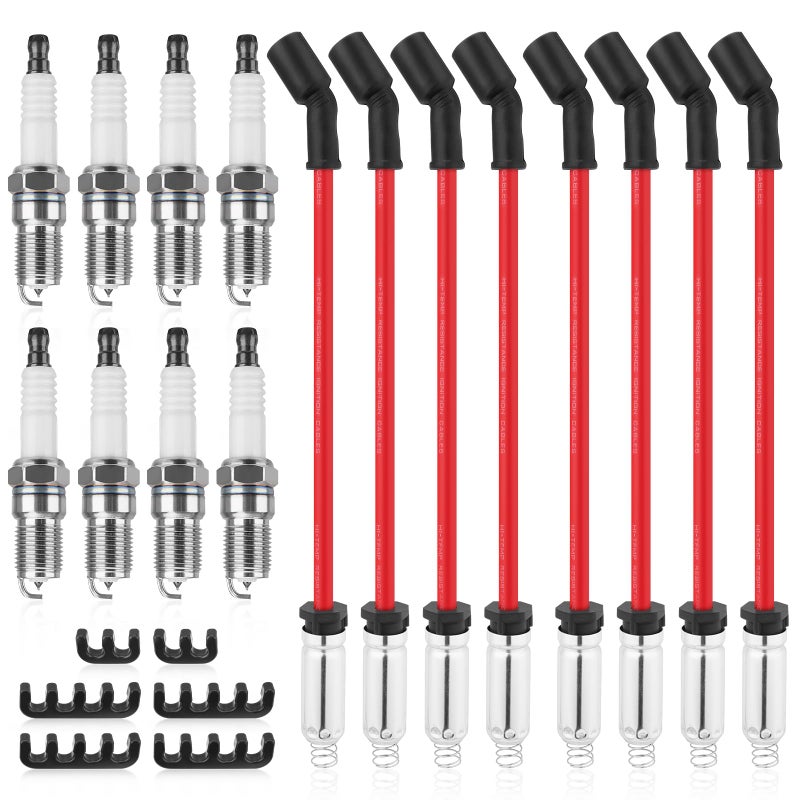 YEHERIT 8Pcs 41-110 Iridium Spark Plugs & M8-48322 10.4mm Silicone Spark Plug Wires Compatible with Chevy Silverado Suburban Tahoe, GMC Envoy Sierra Savana Yukon, Cadillac, Hummer, 5.3L 6.0L 6.2L V8 LS Truck - Image 1