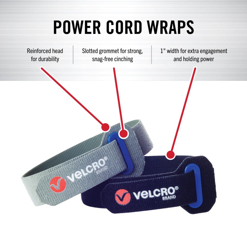 VELCRO Brand أشرطة لف كابلات VELCRO | أحزمة ثقيلة لتحسين تنظيم الكابلات، المرآب أو المركبات الترفيهية | حلقة مثقوبة لتثبيت قوي بدون تشابك | 16 بوصة، 2 حزمة، أسود ورمادي - Image 2