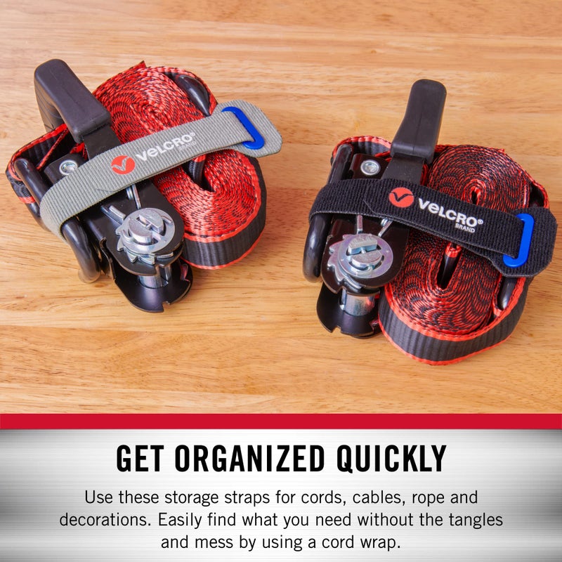 VELCRO Brand أشرطة لف كابلات VELCRO | أحزمة ثقيلة لتحسين تنظيم الكابلات، المرآب أو المركبات الترفيهية | حلقة مثقوبة لتثبيت قوي بدون تشابك | 16 بوصة، 2 حزمة، أسود ورمادي - Image 3