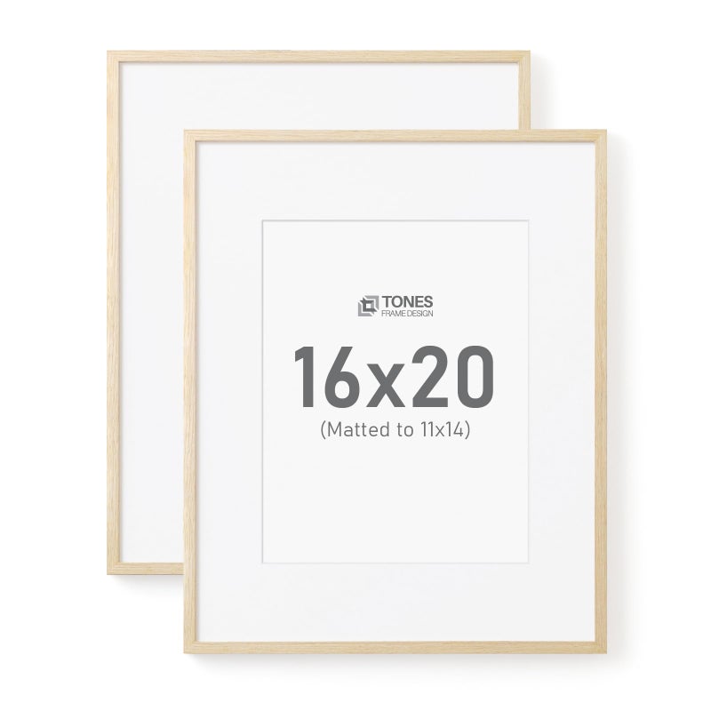 TONES FRAME DESIGN 16x20 Frames with Mat 11x14 Set of 2 Large Picture Frames Natural Solid Wood Veneer Finish and Plexiglass Front for Poster Gallery Wall Home Decor