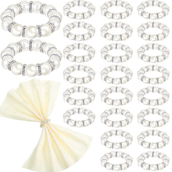 24 PCS SILVER PEARL NAPKIN RINGS WEDDINGS BEADED NAPKIN RINGS HOLDER STRETCHED RHINESTONE SERVIETTE RINGS BUCKLE ELASTIC SPRING NAPKIN RINGS FOR DINNER RECEPTION PARTY BANQUET TABLE DECOR