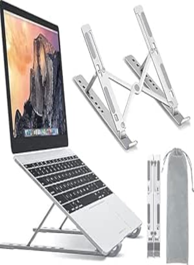 Foldable Aluminum Laptop Stand, Adjustable, Portable and Lightweight, with Non-Slip Silicone Pad, 29.5 x 10 x 18 cm, Silver