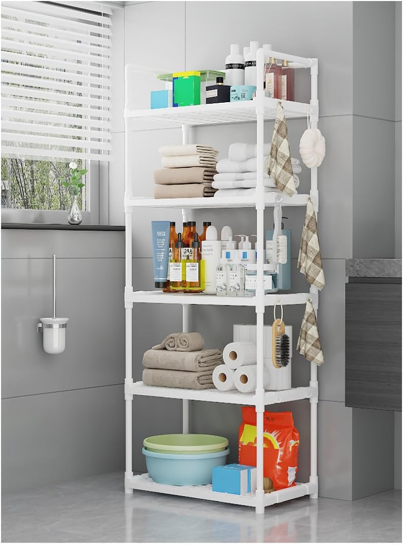WEKOTEE 5 طبقات منظم رف تخزين مع خطافات جانبية ومقبض لتنظيم الغسيل والحمام والمطبخ والجراج والمخزن، أبيض - Image 1