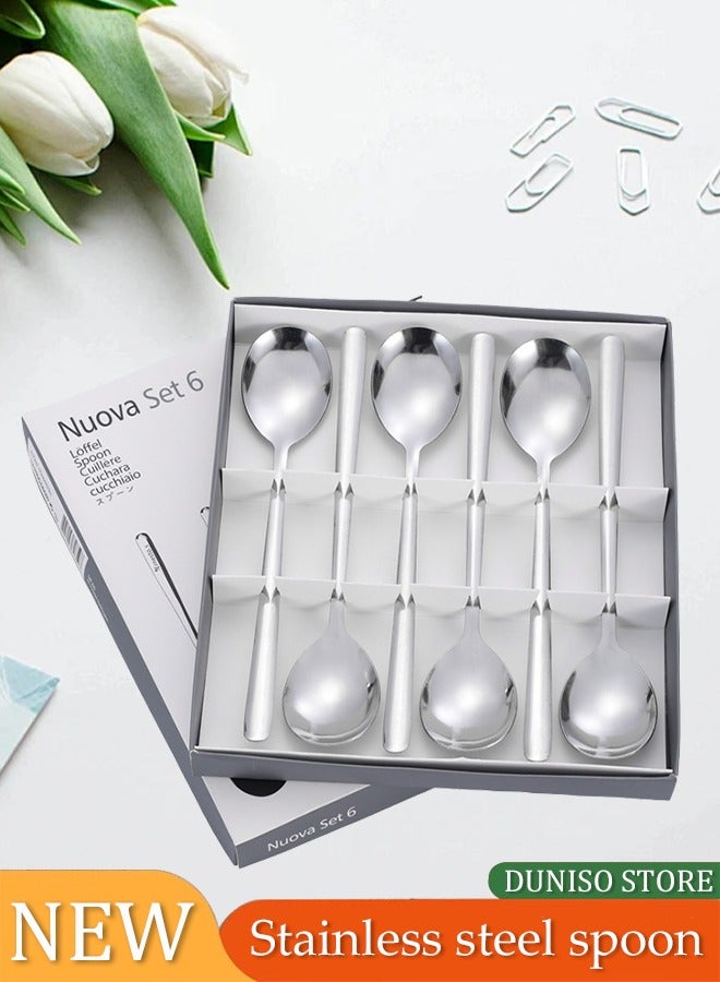 DUNISO مجموعة ملاعق حساء من الفولاذ المقاوم للصدأ مكونة من 6 قطع، أدوات مائدة على الطراز الكوري، ملعقة شاي، مصقولة بمرآة، سميكة وسهلة التنظيف، مناسبة للاستخدام المنزلي والتجاري والمطاعم، 3.6 * 18.5 سم، فضي - Image 1