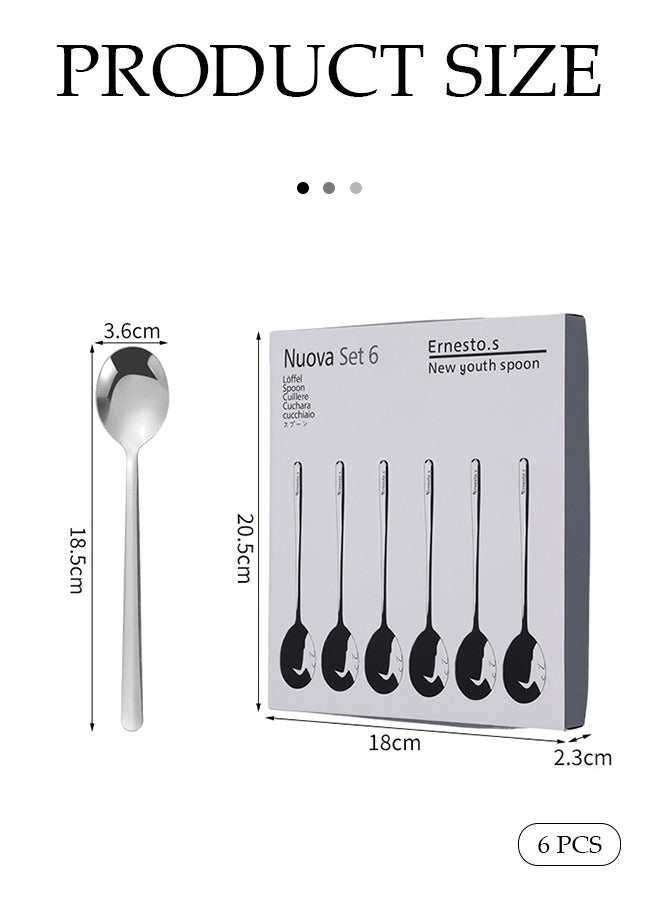 DUNISO مجموعة ملاعق حساء من الفولاذ المقاوم للصدأ مكونة من 6 قطع، أدوات مائدة على الطراز الكوري، ملعقة شاي، مصقولة بمرآة، سميكة وسهلة التنظيف، مناسبة للاستخدام المنزلي والتجاري والمطاعم، 3.6 * 18.5 سم، فضي - Image 2
