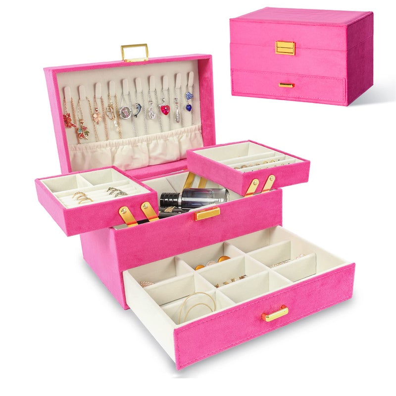 Dajasan Jewelry Storage Box Large Jewelry Organizer Box 3Layer Velvet Jewelry Boxes for Women Girls Friends Wife or Mother Red