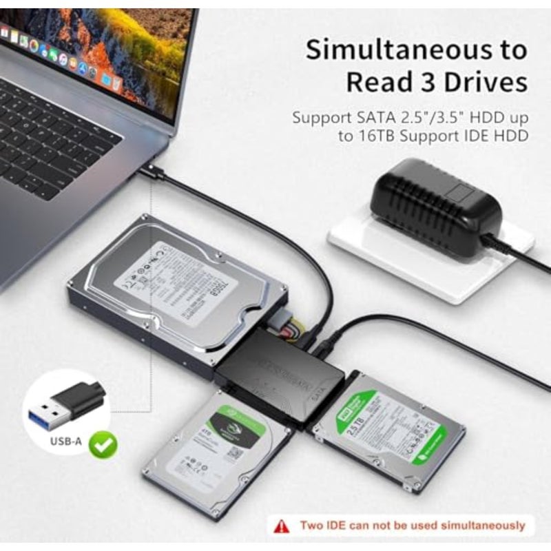 محول USB 3.0 إلى SATA IDE لاستعادة البيانات، هيكل من سبائك الألومنيوم، أسود، يدعم ما يصل إلى 16 تيرابايت 2.5/3.5 HDD SSD مع مصدر طاقة 12 فولت/2 أمبير - Image 2