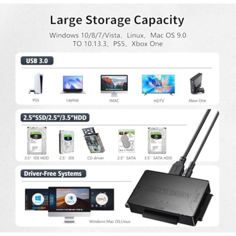 محول USB 3.0 إلى SATA IDE لاستعادة البيانات، هيكل من سبائك الألومنيوم، أسود، يدعم ما يصل إلى 16 تيرابايت 2.5/3.5 HDD SSD مع مصدر طاقة 12 فولت/2 أمبير - Image 4