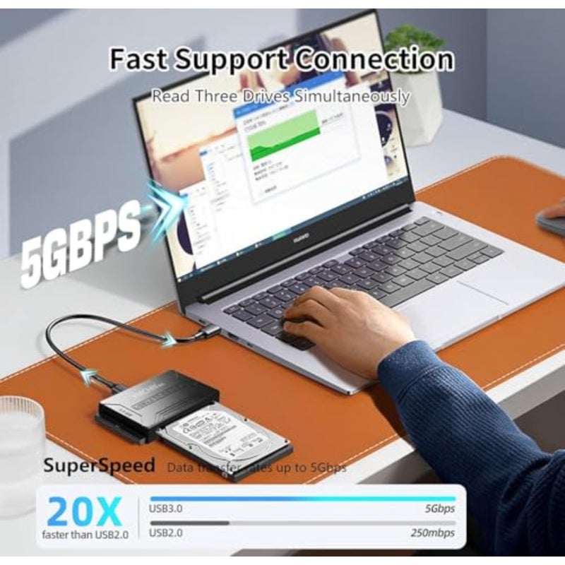 محول USB 3.0 إلى SATA IDE لاستعادة البيانات، هيكل من سبائك الألومنيوم، أسود، يدعم ما يصل إلى 16 تيرابايت 2.5/3.5 HDD SSD مع مصدر طاقة 12 فولت/2 أمبير - Image 3