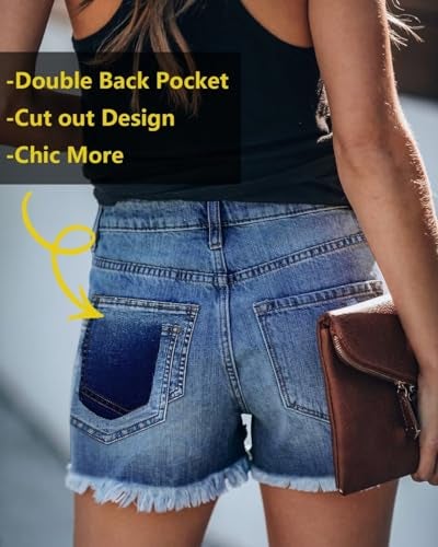 ZOLUCKY Womens Shorts for Summer Mid Rise Jean Shorts Ripped Frayed Raw Hem Casual Pull on Denim Shorts Navy L - Image 2