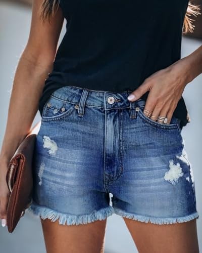 ZOLUCKY Womens Shorts for Summer Mid Rise Jean Shorts Ripped Frayed Raw Hem Casual Pull on Denim Shorts Navy L - Image 3