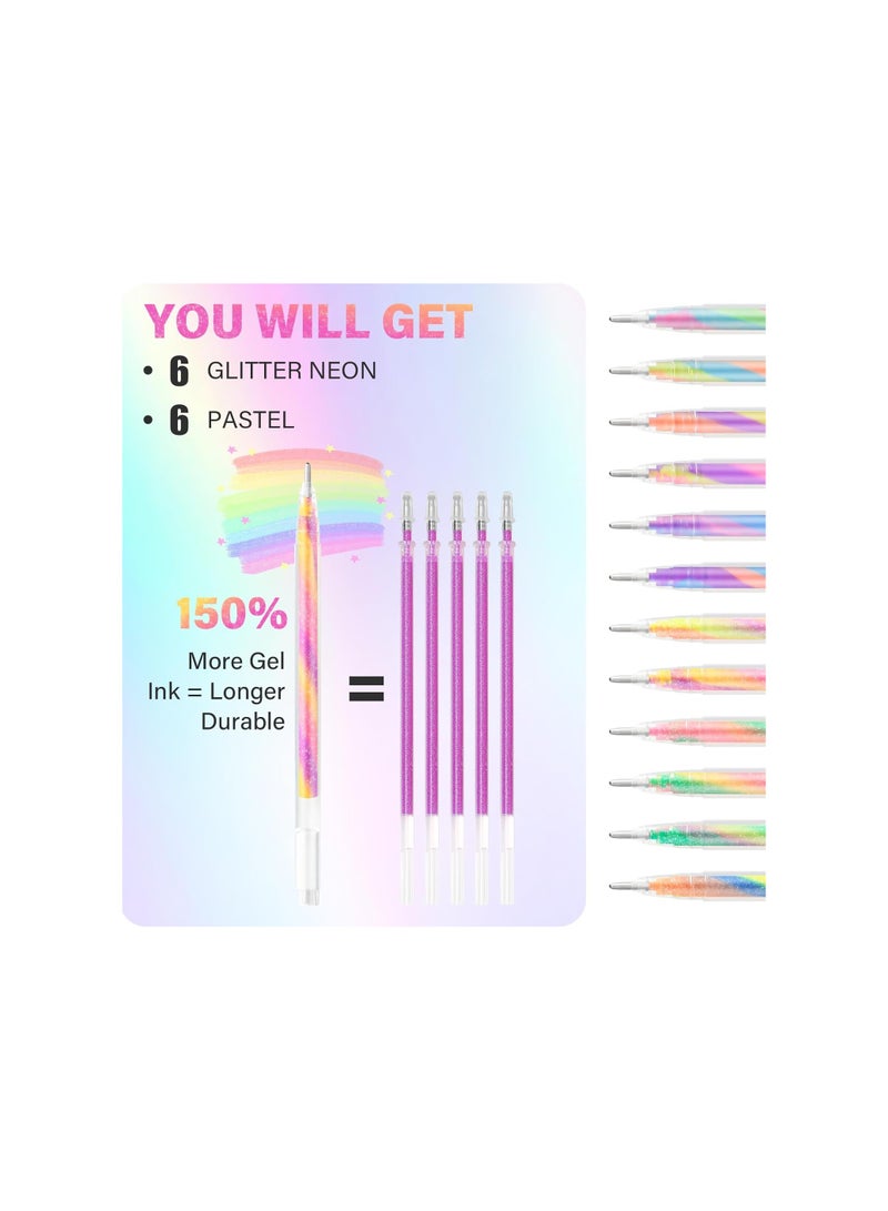 Magic Glitter Pastel Gel Pens Set - 12 Pack Rainbow Colors for Adult Coloring, Doodling, Scrapbooking, Drawing, Journaling, and Illustrating - Perfect for Graduations and Birthdays. - Image 3