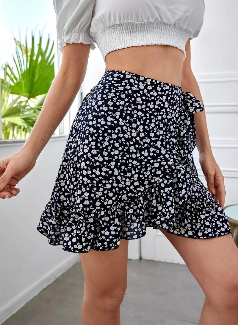 Ditsy Floral Ruffle Trim Wrap Knot Skirt  - Image 3