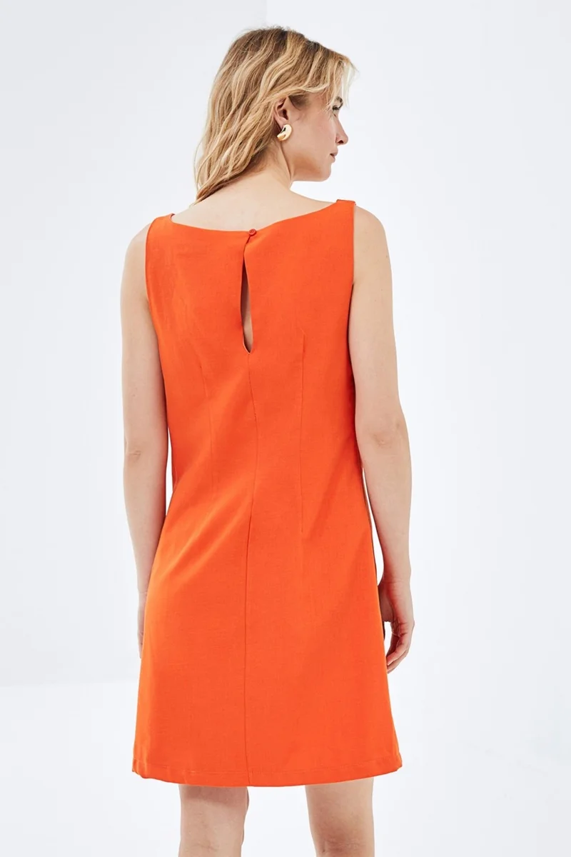 Pieces Of Melon Orange Boat Neck, Sleeveless Linen Mini Dress