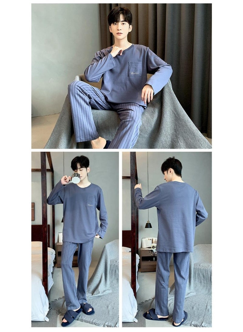 Men's Pajamas Two-Piece Men's Long-Sleeved Pyjamas Spring And Autumn Korean Fashion Cotton  Leisure Home Wear Suit - Image 2