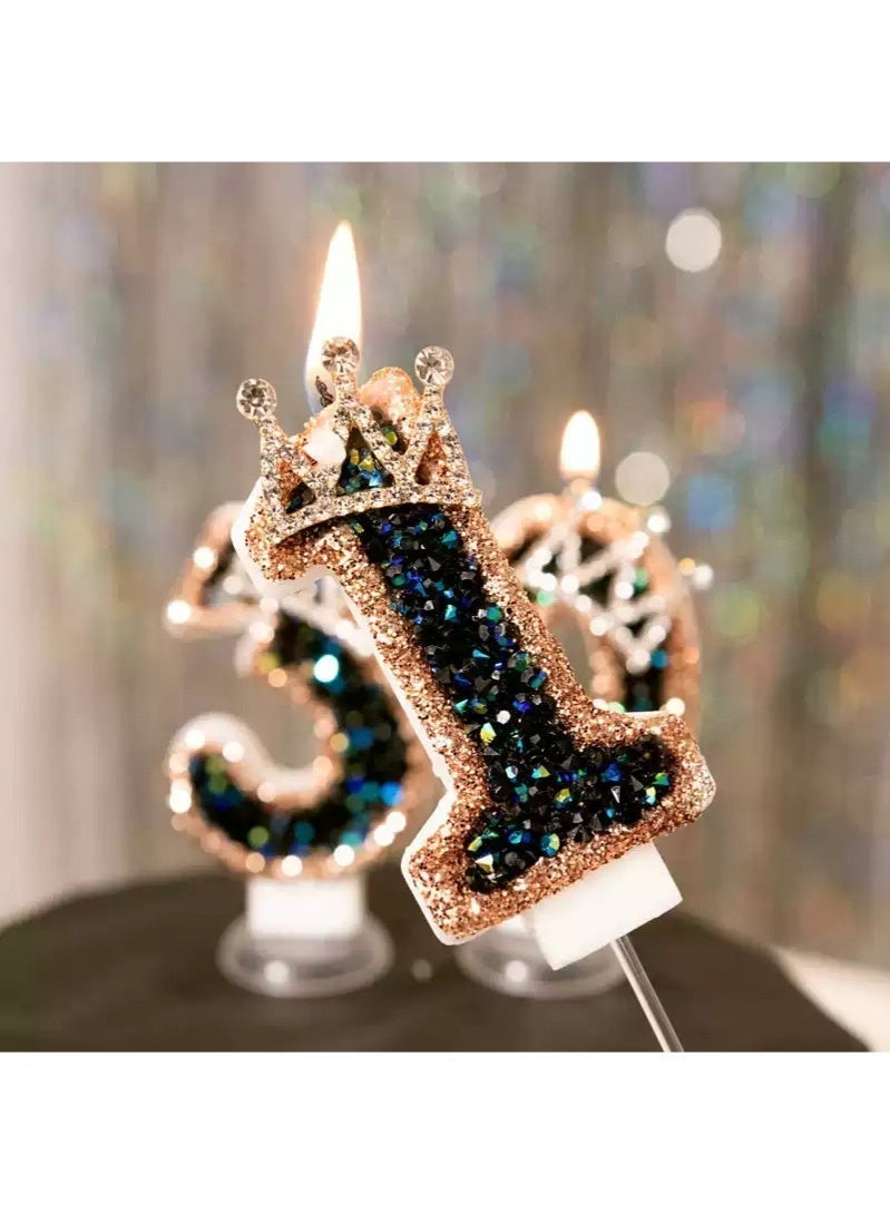 Ssovi Royal Crown Number [2] Birthday Candle, 3D Glitter Black & Gold Rhinestone Cake Topper with Holder, Smokeless Single Metallic Decoration for Party & Anniversary - 1 Piece - Image 2