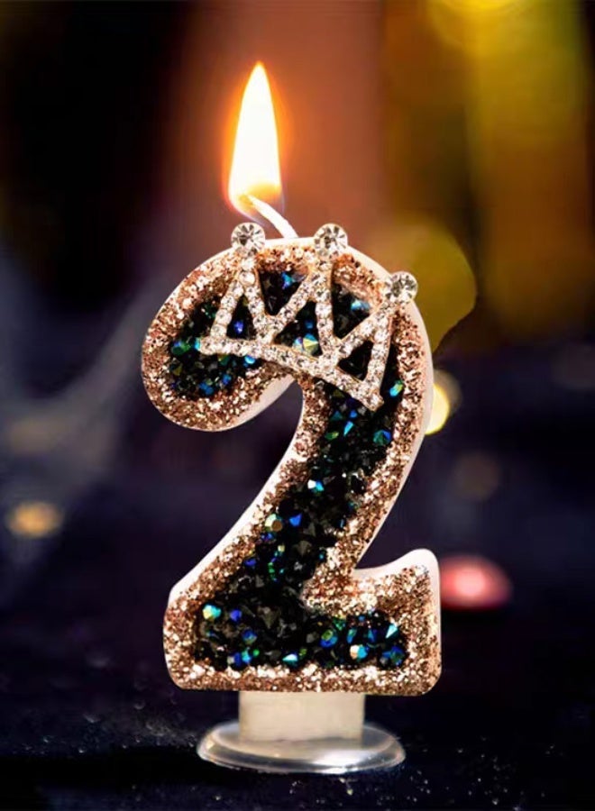 Ssovi Royal Crown Number [2] Birthday Candle, 3D Glitter Black & Gold Rhinestone Cake Topper with Holder, Smokeless Single Metallic Decoration for Party & Anniversary - 1 Piece - Image 1