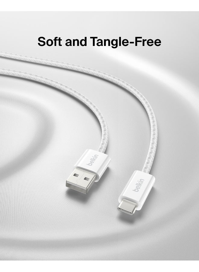 belkin 2-Pack Braided USB-A to USB-C Cable 5ft, 15W - Soft, Flexible Fast-Charging Cable, Type C Charger Cord for iPhone 16 & 15 Series, Galaxy S25, Pixel 9, iPad Pro, & More - White white - Image 4