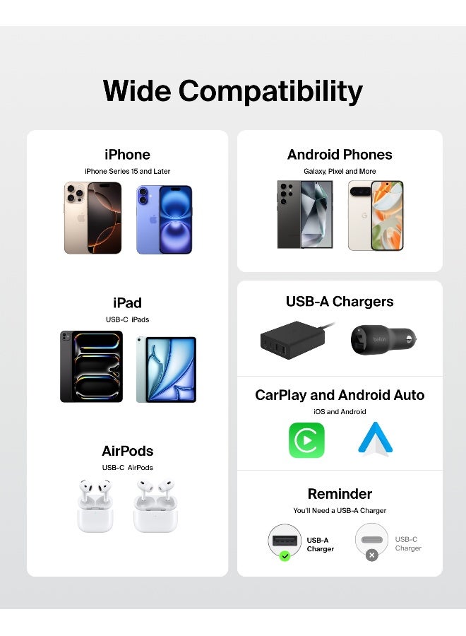 belkin 2-Pack Braided USB-A to USB-C Cable 5ft, 15W - Soft, Flexible Fast-Charging Cable, Type C Charger Cord for iPhone 16 & 15 Series, Galaxy S25, Pixel 9, iPad Pro, & More - White white - Image 5