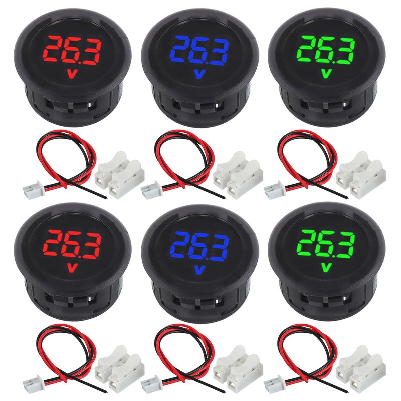 JAMHER 6 Pack DC 4-100V Digital Voltmeter, 2-Wire 3-Digit LED Display with Anti-Connection Protection for Cars Vehicles Motorcycles Boats (Red & Blue & Green) - Image 1
