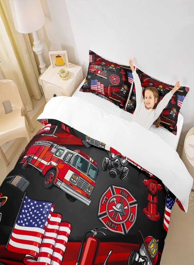 Homewish American Flag Duvet Cover Set Twin,Cartoon Fire Truck Bedding Set 2pcs for Kids Teen Boys Room Decor, Fire Fighting Supplies Comforter Cover Soft Fire Extinguisher Quilt Cover with 1 Pillowcase - Image 3