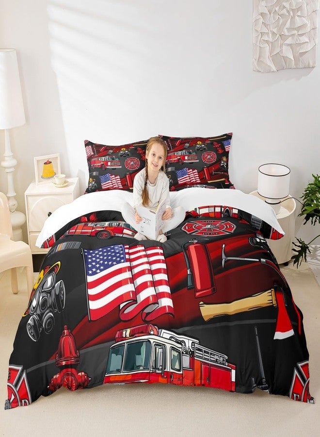 Homewish American Flag Duvet Cover Set Twin,Cartoon Fire Truck Bedding Set 2pcs for Kids Teen Boys Room Decor, Fire Fighting Supplies Comforter Cover Soft Fire Extinguisher Quilt Cover with 1 Pillowcase - Image 1