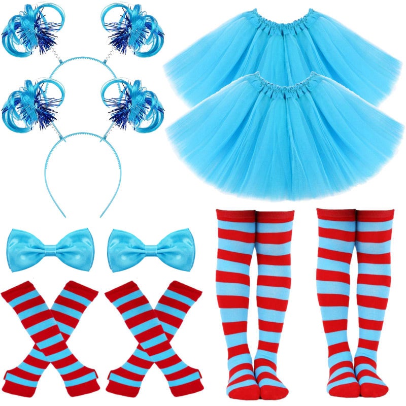 JcHrmers Cat Thing Costume Accessories Include Blue Ponytails Headband Bowtie Gloves Socking Blue Tutu Skirt for Book Week (2 Set) - Image 1