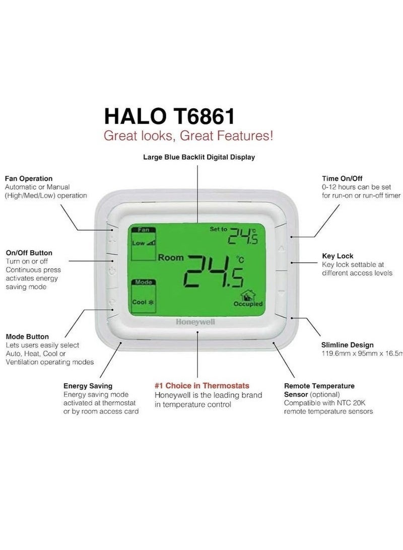 Honeywell ترموستات Honeywell Home T6861H2WG للتحكم في مروحة التدفئة والتبريد، مع مستشعر عن بُعد ومدخلات تخفيض عن بُعد - Image 2