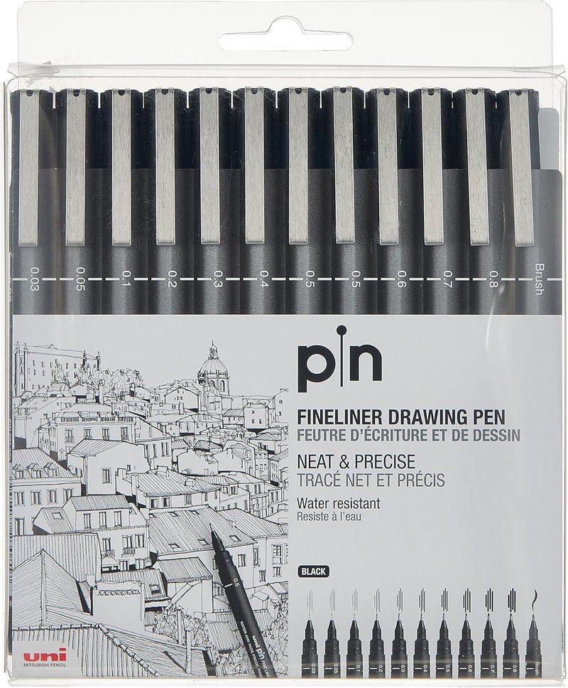 Uniball uni-ball UNI PIN Black Fineliner Drawing Pen Set - Pack of 12 - Image 1
