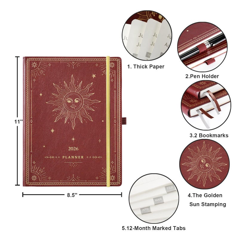 Artfan 2026 Planner - Planner 2026 Weekly and Monthly, 9" x 11", Jan. 2026 - Dec. 2026, Weekly and Monthly Planner, Leather Cover with Thick Paper, Back Pocket - The Sun - Image 3