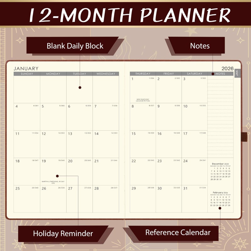Artfan 2026 Planner - Planner 2026 Weekly and Monthly, 9" x 11", Jan. 2026 - Dec. 2026, Weekly and Monthly Planner, Leather Cover with Thick Paper, Back Pocket - The Sun - Image 4