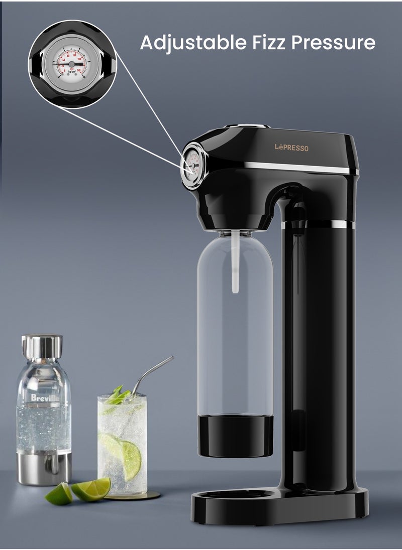 LePRESSO - Sparkling Water Maker 1L with Pressure Meter / Efficient Water Carbonator / Adjustable Fizz Pressure / One-Button Operation - Black - Image 1