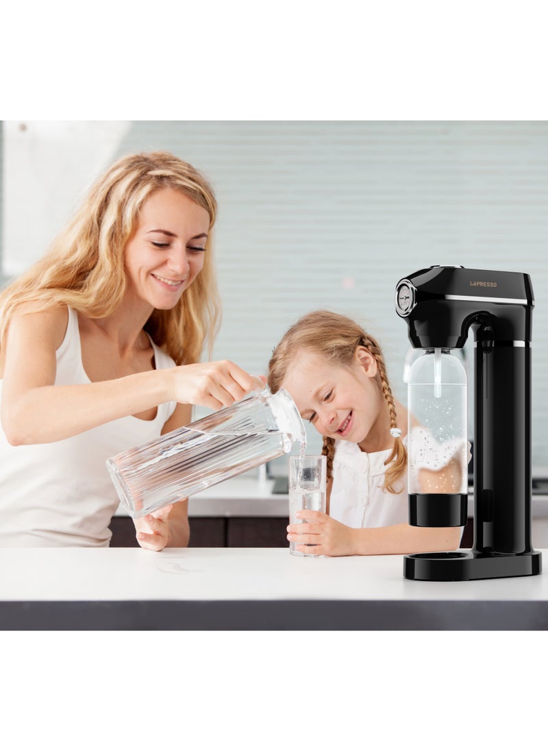 LePRESSO - Sparkling Water Maker 1L with Pressure Meter / Efficient Water Carbonator / Adjustable Fizz Pressure / One-Button Operation - Black - Image 1