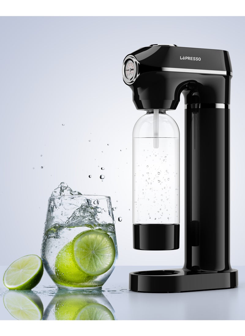 LePRESSO - Sparkling Water Maker 1L with Pressure Meter / Efficient Water Carbonator / Adjustable Fizz Pressure / One-Button Operation - Black - Image 1