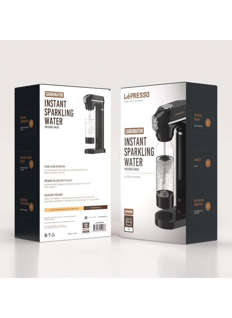 LePRESSO - Sparkling Water Maker 1L with Pressure Meter / Efficient Water Carbonator / Adjustable Fizz Pressure / One-Button Operation - Black - Image 1