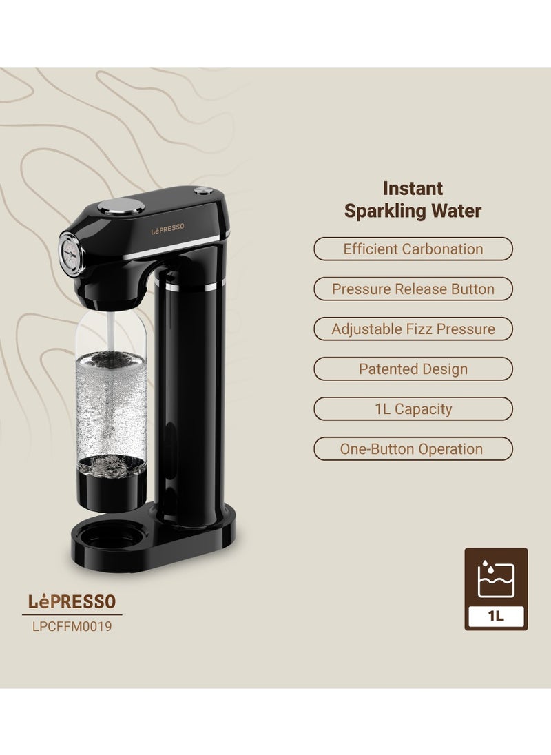 LePRESSO - Sparkling Water Maker 1L with Pressure Meter / Efficient Water Carbonator / Adjustable Fizz Pressure / One-Button Operation - Black - Image 1