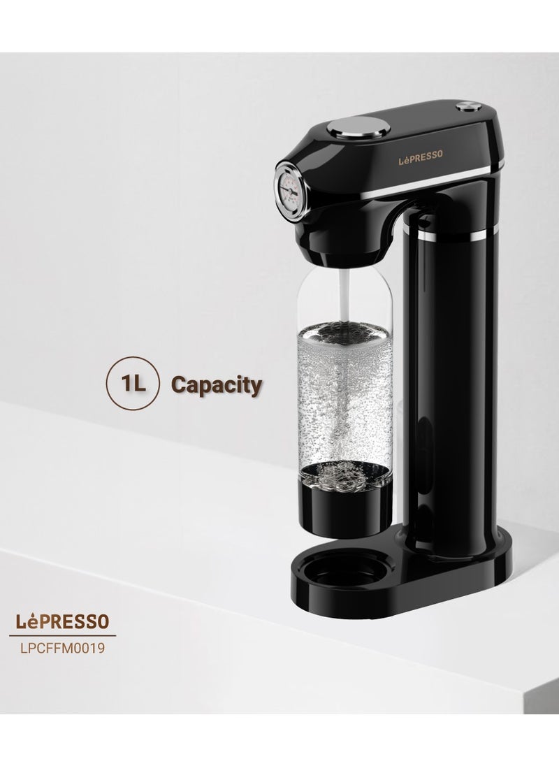 LePRESSO - Sparkling Water Maker 1L with Pressure Meter / Efficient Water Carbonator / Adjustable Fizz Pressure / One-Button Operation - Black - Image 1