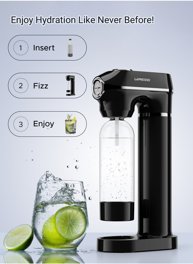 LePRESSO - Sparkling Water Maker 1L with Pressure Meter / Efficient Water Carbonator / Adjustable Fizz Pressure / One-Button Operation - Black - Image 1